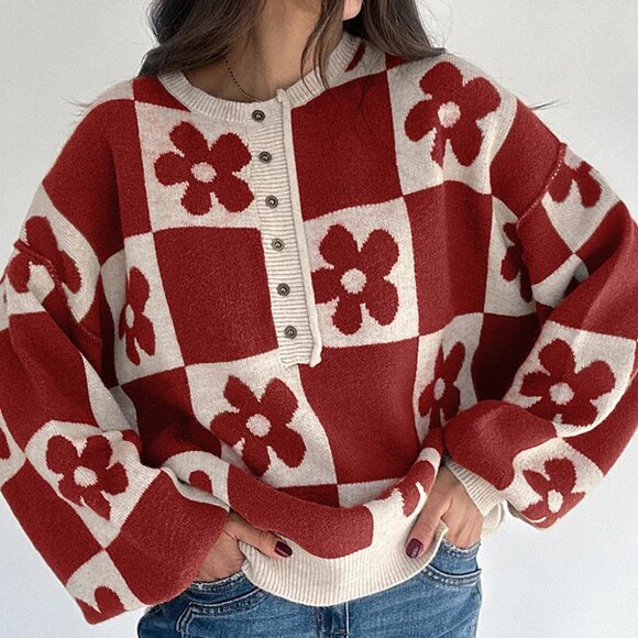 Boutique Sweaters - B355 Red Dahlia Flower Plaid Henley Baggy Sweater